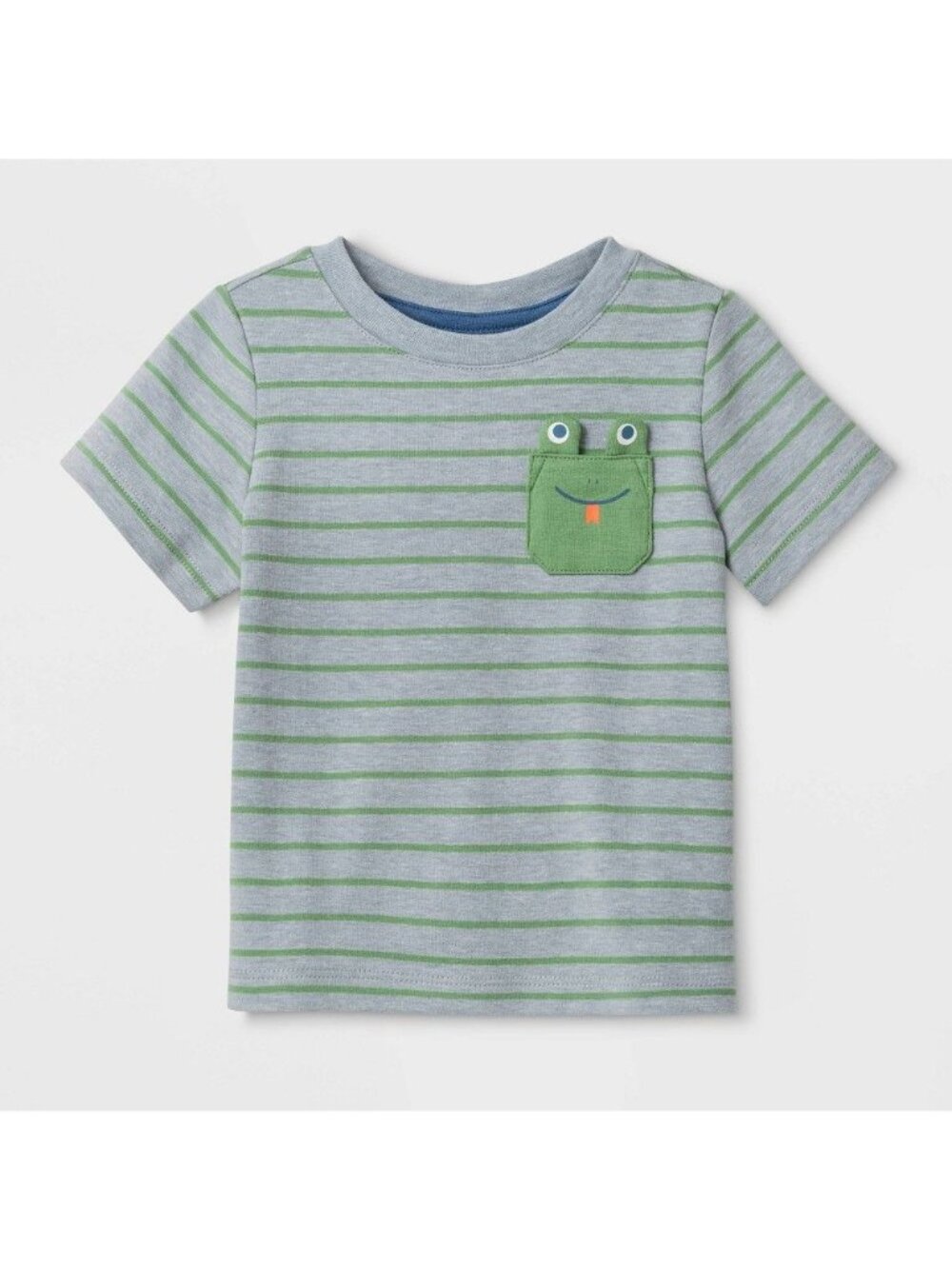 Toddler Boys Green Striped Frog Pocket T-Shirt With Short Sleeves